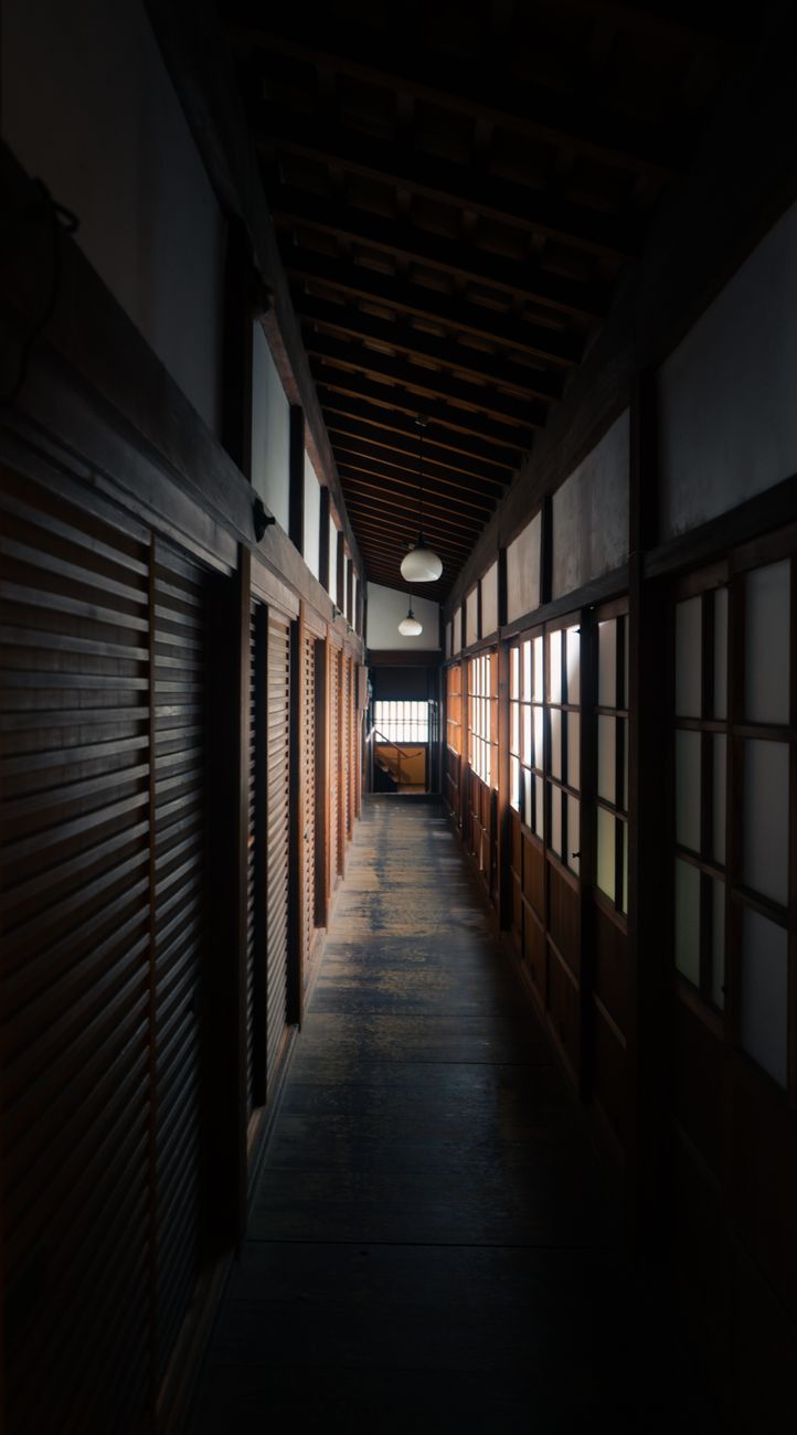 Traditional Japanese wooden ryokan veranda in autumn Kyoto