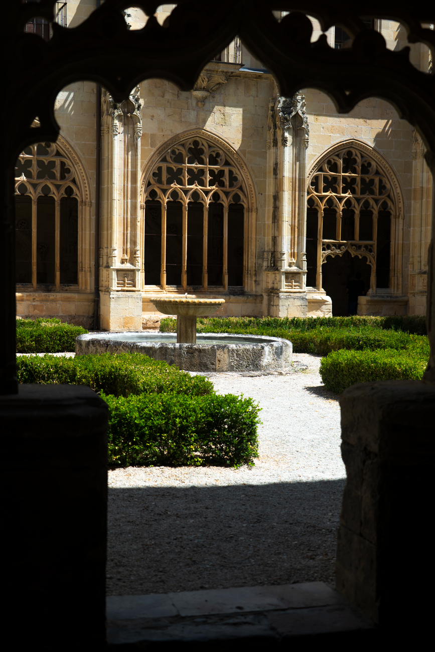 Ancient architectural monastery courtyard in mountain sunlight